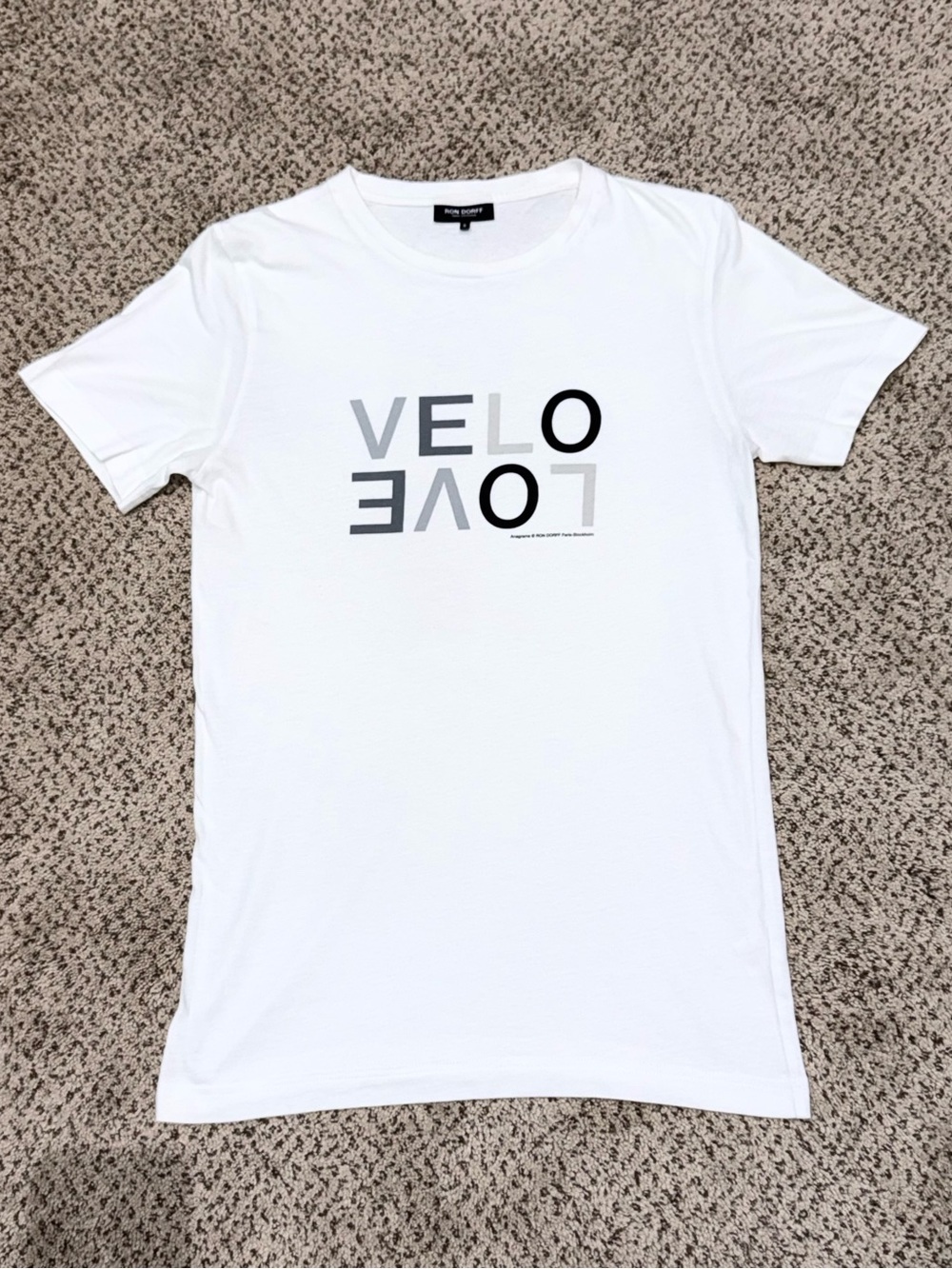RON DORFF LOVE VELO Graphic Tee White Gray Black Minimalist Scandi | Unisex Sz S